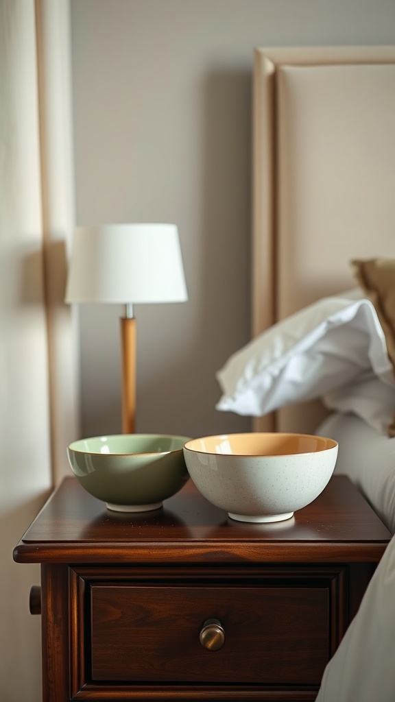 Two decorative bowls in sage green and cream on a wooden nightstand.