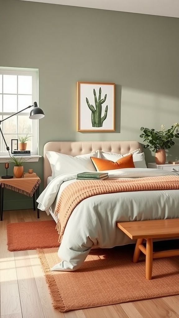 A cozy bedroom featuring sage green walls, earthy tones, and natural decor.