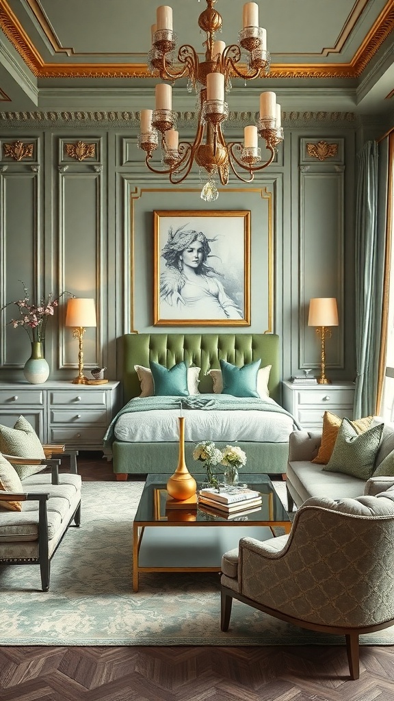 A luxurious living room featuring sage green walls, gold accents, and elegant furniture.