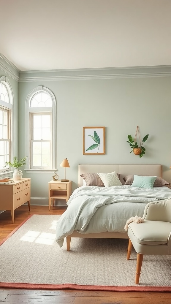 A cozy bedroom featuring sage green walls, pastel bedding, and light wood furniture.