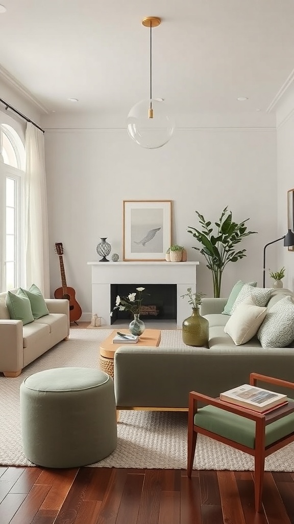A stylish living room featuring sage green furniture and white walls, with natural light and wooden accents.