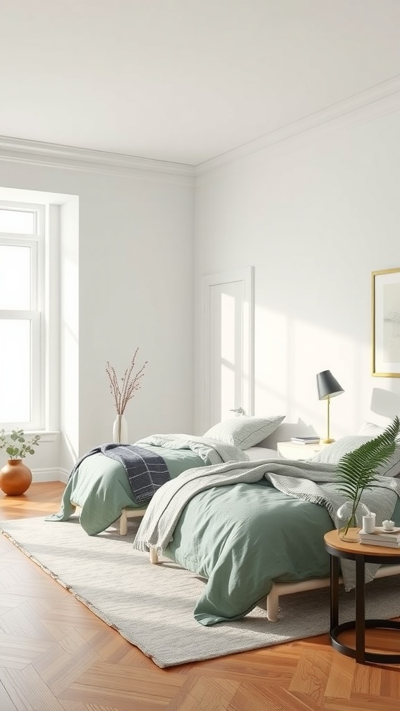 A serene bedroom featuring sage green bedding and white walls, with natural light illuminating the space.