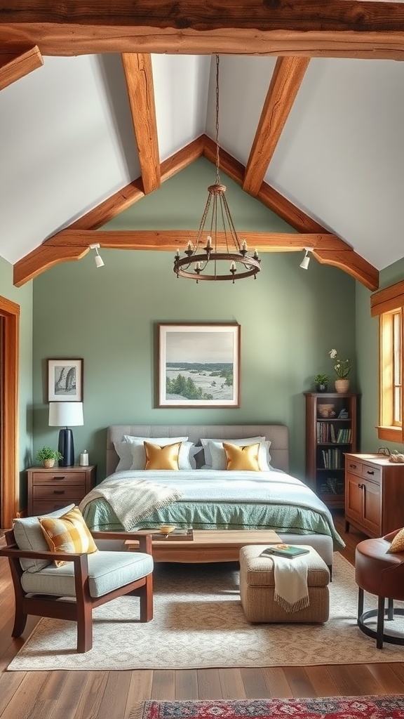 A cozy bedroom featuring sage green walls and wooden beams, with a bed and wooden furniture.