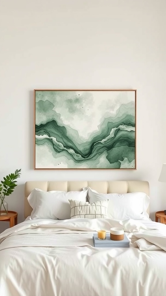 Sage green abstract artwork above a bed with cream bedding and wooden nightstands