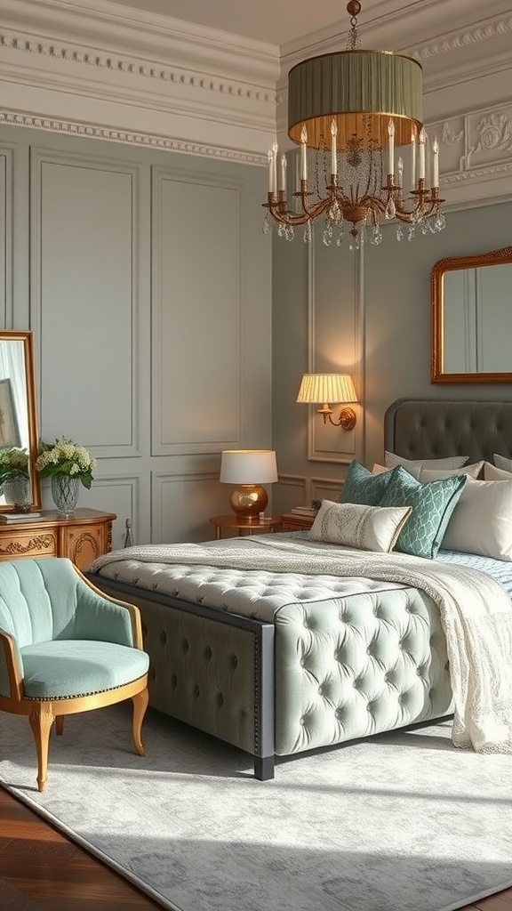 A beautifully designed sage green bedroom featuring metallic accents, a tufted bed, elegant chandelier, and stylish furniture.