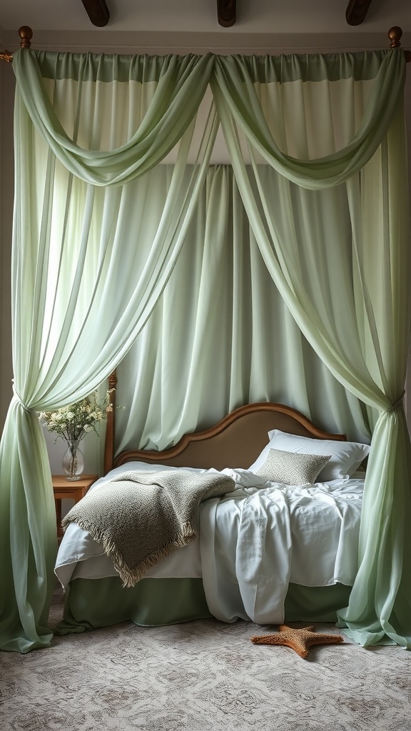 A cozy sage green canopy bed with soft curtains and cream bedding, creating a serene bedroom atmosphere.