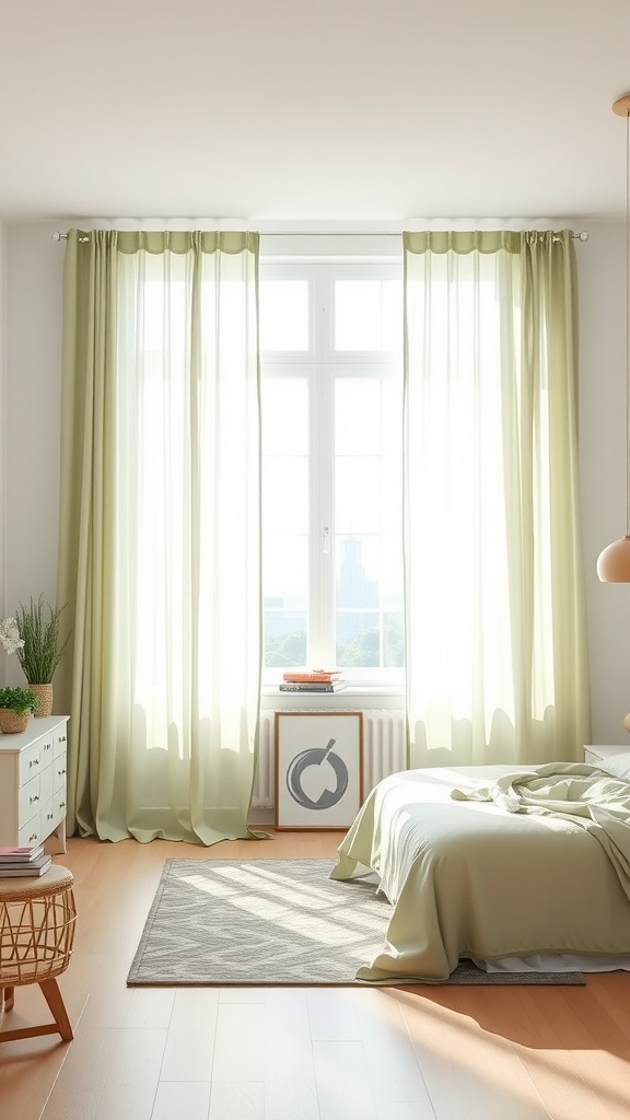 A bright bedroom featuring sage green sheer curtains, light wood flooring, and simple furniture, creating a serene atmosphere.
