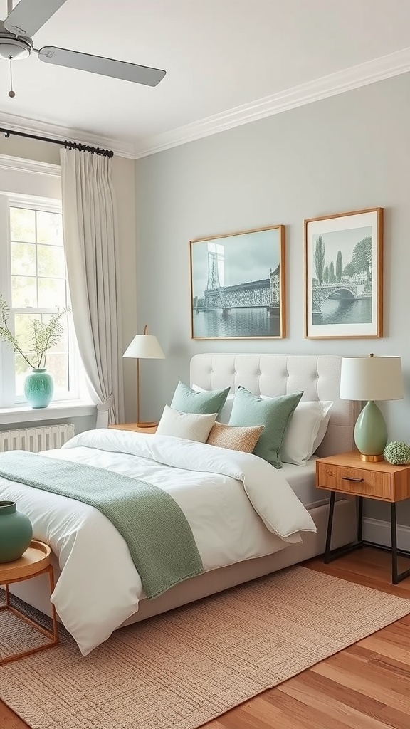 A serene sage green bedroom featuring a cozy bed with green throw and pillows, wooden bedside tables, and framed artwork.
