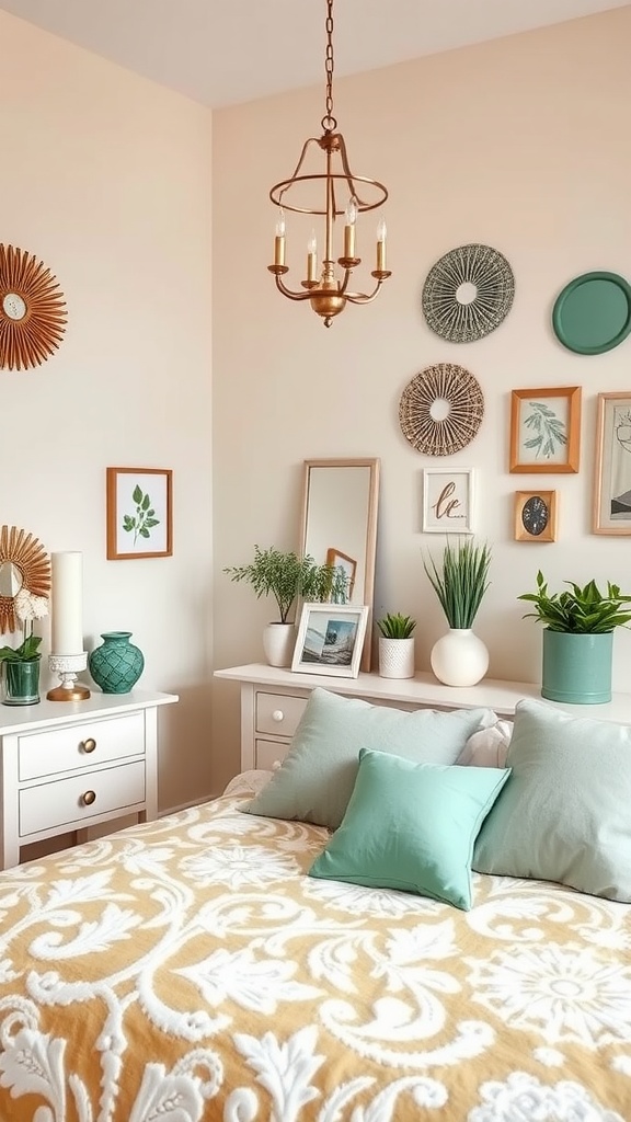 A cozy bedroom with sage green decorative accents, featuring pillows and wall art.
