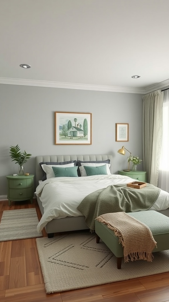 A serene bedroom featuring sage green walls, green bedding, and natural light.