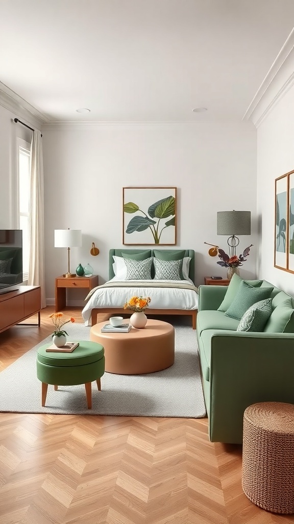 A small living room with sage green furniture, wooden floors, and natural light.