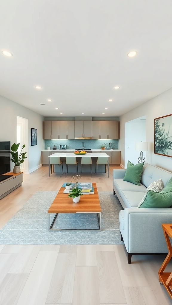 A modern open concept living room and kitchen with sage green walls, light wood flooring, and contemporary furniture.
