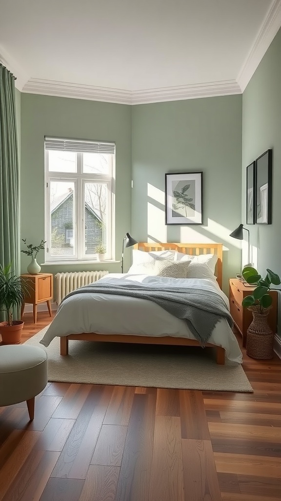 A small bedroom featuring sage green walls, wooden furniture, and natural light.