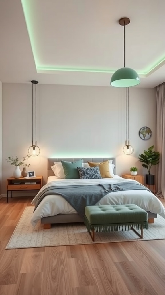 A modern bedroom featuring sage green lighting fixtures and decor.