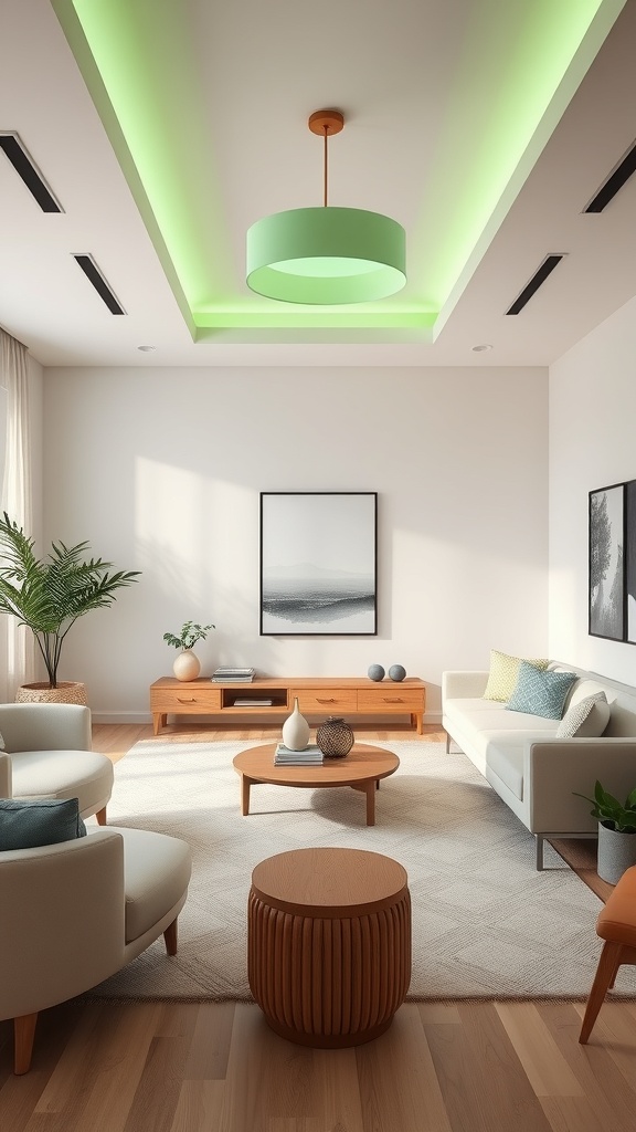 A modern living room featuring sage green lighting fixtures, wooden furniture, and a cozy atmosphere.