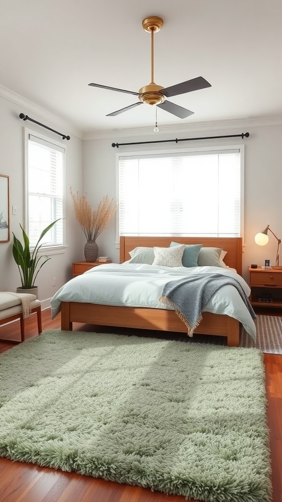 A cozy bedroom featuring a sage green rug, a wooden bed frame, and soft bedding, with natural light streaming through the windows.