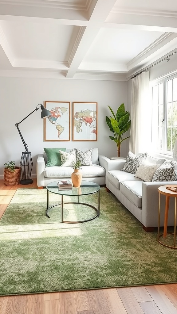 A stylish living room featuring a sage green rug, light furniture, and decorative elements.