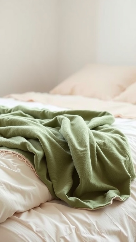 A sage green throw blanket casually draped on a cream-colored bed