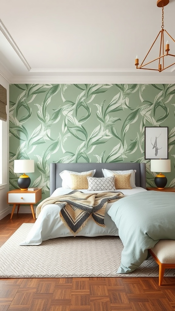 A cozy bedroom featuring sage green wallpaper with a leafy pattern, complemented by warm wooden furniture and soft bedding.