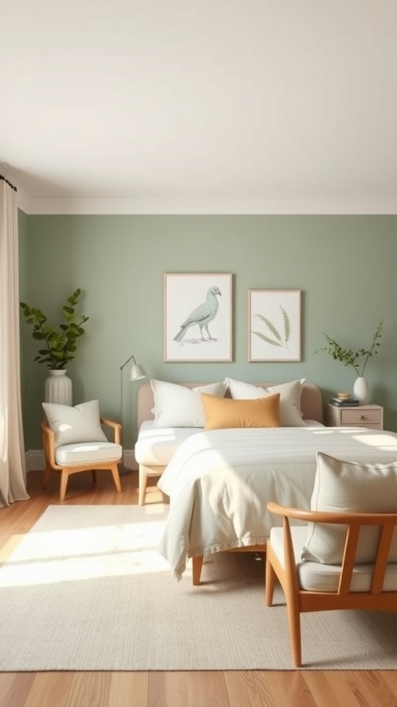 A cozy living room with sage green walls, wooden furniture, and natural light.