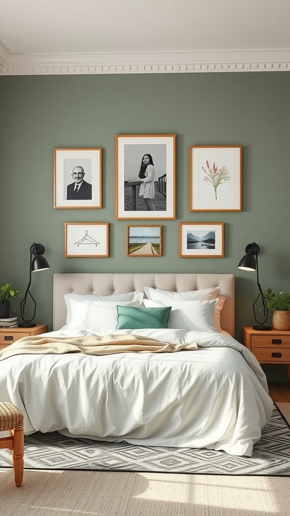 A cozy bedroom featuring sage green walls with framed art, a light bed, and wooden nightstands.