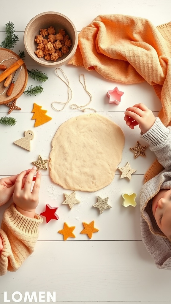 Two toddler hands playing with salt dough ornaments and colorful shapes on a table