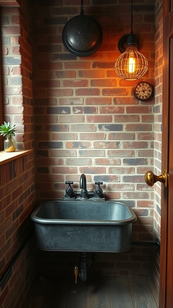 A rustic bathroom with a salvaged metal sink, warm lighting, and brick walls