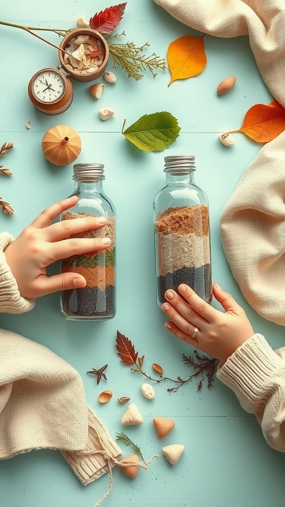 Two glass bottles filled with layers of sand and soil, surrounded by natural materials like leaves and stones.
