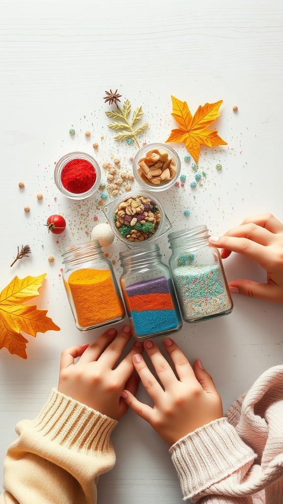 Colorful sand art bottles with hands of children, surrounded by autumn leaves and natural decorations.