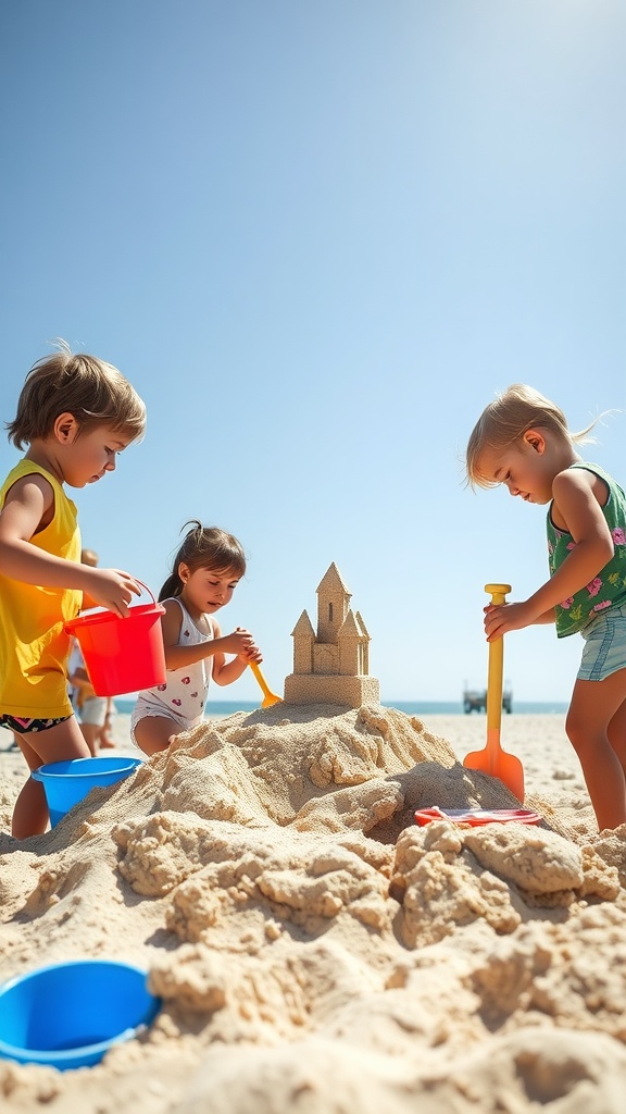 Children building a sandcastle at the beach
