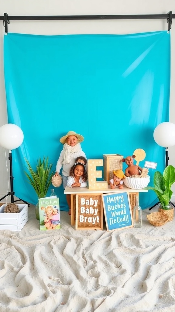 A cheerful beach-themed photo booth setup with children, props, and a bright backdrop.