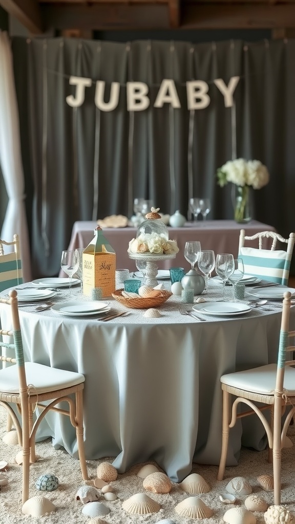 A beach-themed baby shower table setting with a gray tablecloth, seashell decorations, and a 'JUBABY' banner