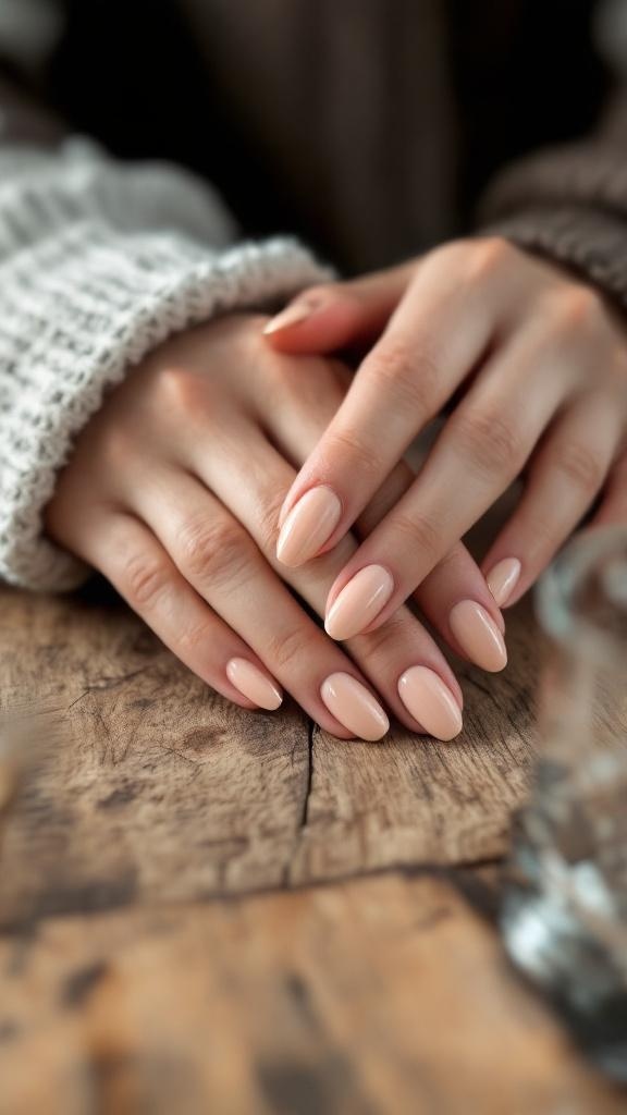 Close-up of sandy beige almond nails with gold rings on fingers