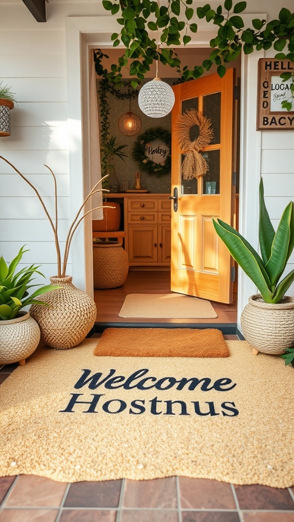 A sandy feet welcome mat placed at a house entrance, surrounded by plants and a warm wooden door.
