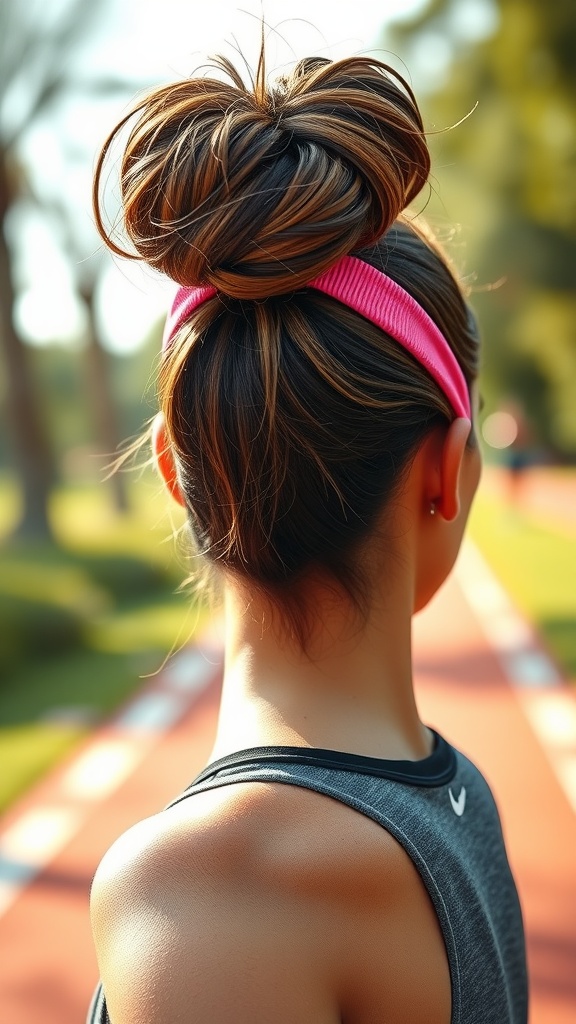 A young woman with a high bun hairstyle and a pink sporty headband, standing on a running track.