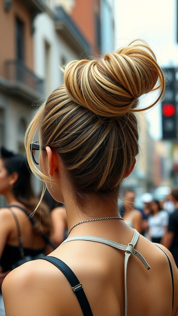 A person with a stylish high ponytail and voluminous bun seen from the back, showcasing a chic hairstyle.