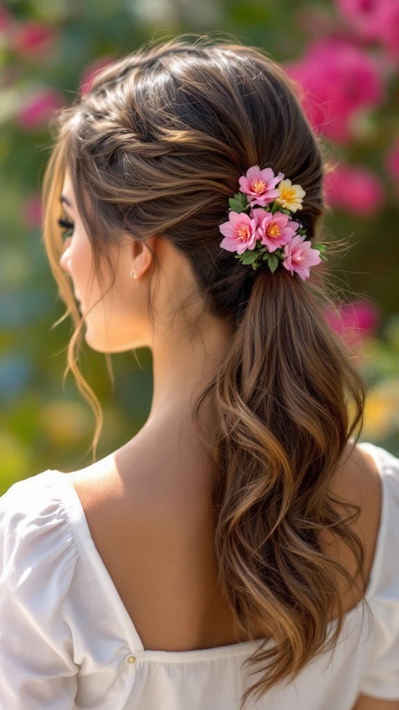 A bridesmaid with a sassy side ponytail adorned with pink and yellow floral clips.