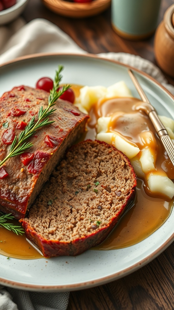 A plate featuring sliced savory meatloaf with mashed potatoes and gravy, garnished with herbs.