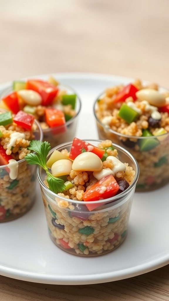 Three cups of savory quinoa salad with chopped vegetables on a plate.