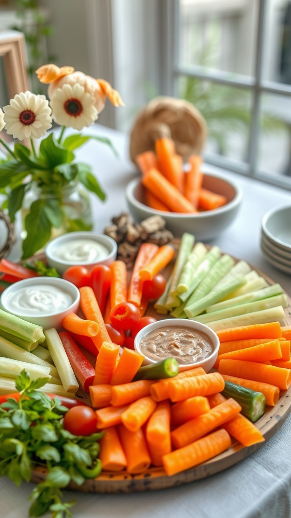 A colorful and fresh savory vegetable platter with a variety of vegetables and dips