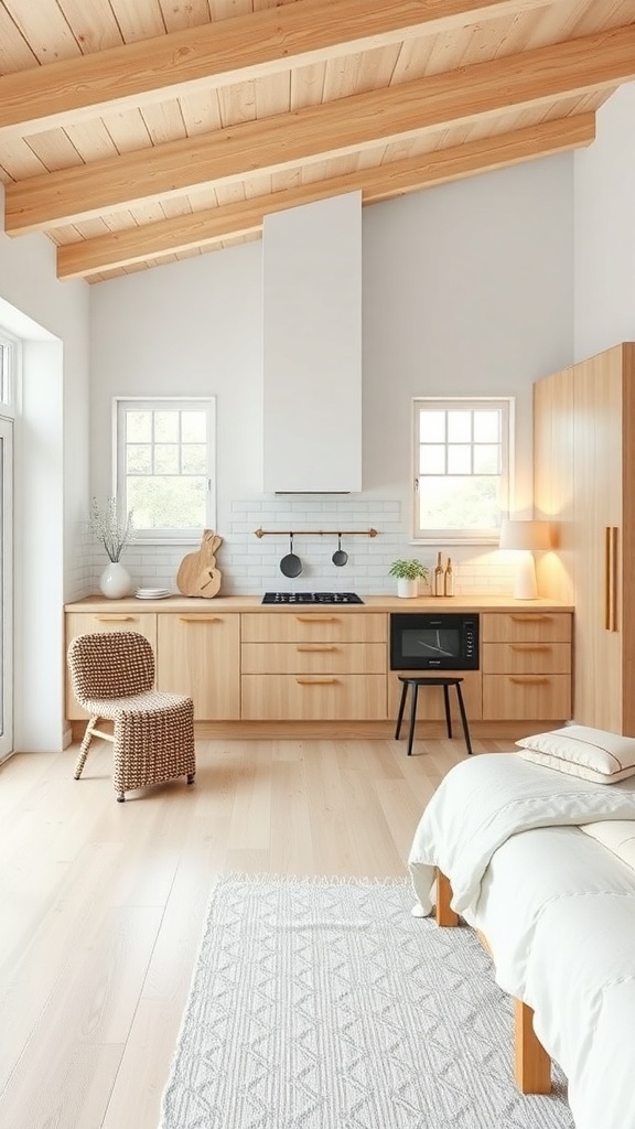 A Scandinavian kitchen with a simple chimney, light wood accents, and a cozy atmosphere.