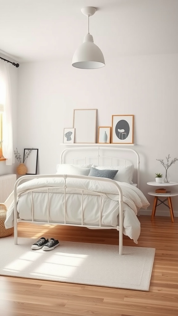 A Scandinavian style bedroom featuring a light metal bed frame with white bedding, minimal decor, and natural wood flooring.