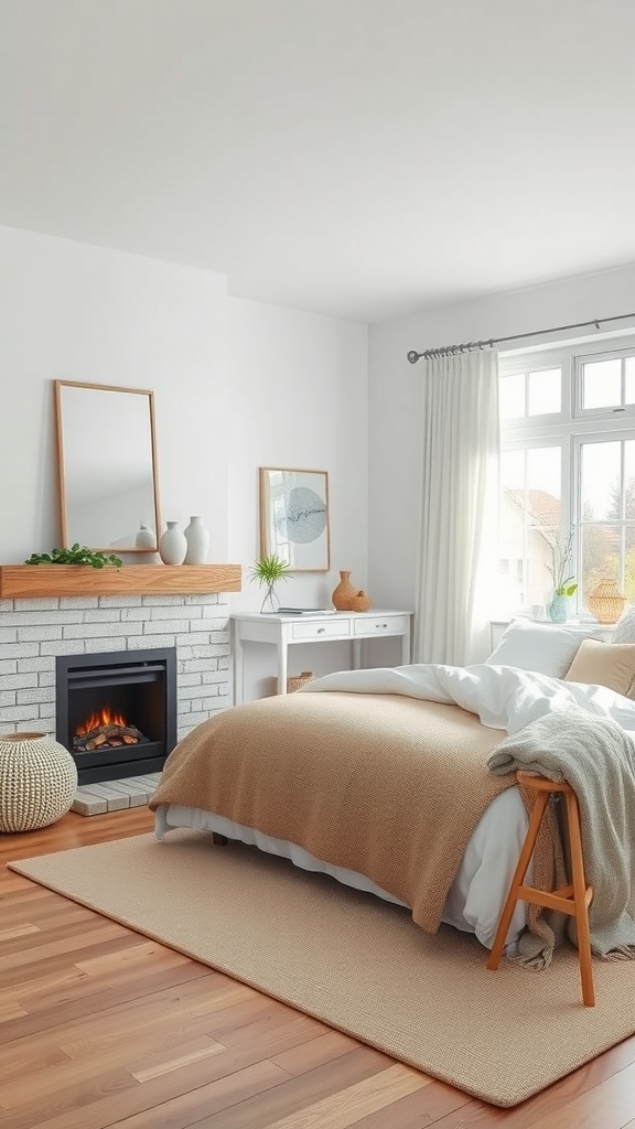 Scandinavian inspired bedroom with a faux fireplace, neutral tones, and cozy bedding.