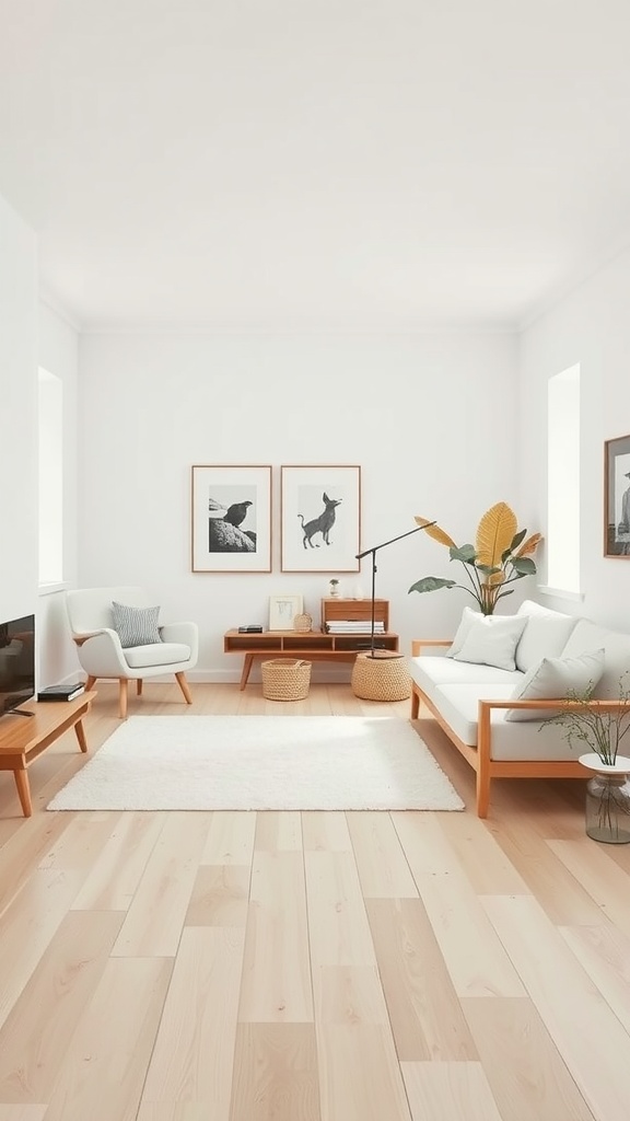 A minimalist Scandinavian living room featuring light wood floors, neutral furniture, and decorative artwork.