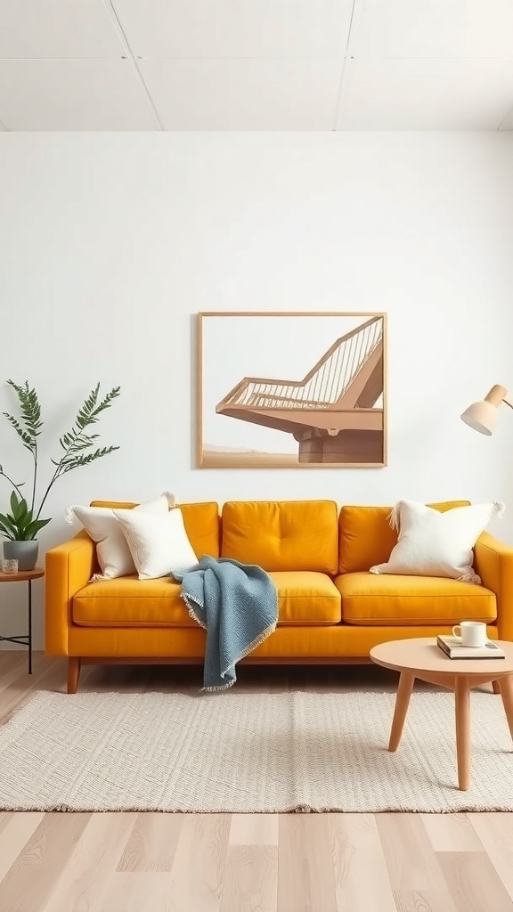 A mustard sofa in a Scandinavian living room with a light wooden coffee table and green plants.