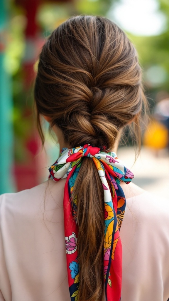 A woman with a ponytail decorated with a colorful scarf, showcasing a stylish and vibrant hairstyle.