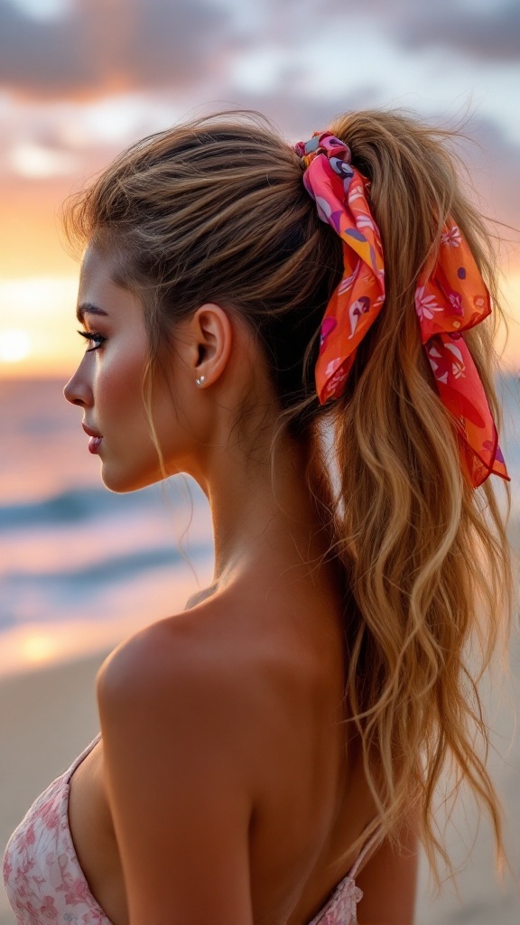A woman with long hair in a scarf-embellished ponytail, standing on the beach at sunset.