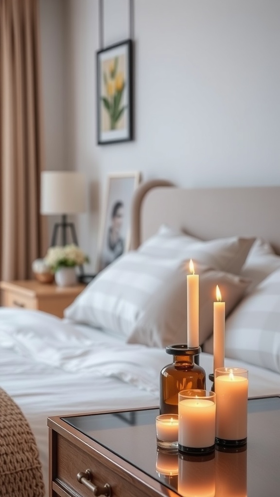 A cozy bedroom with a bedside table featuring an arrangement of scented candles, creating a romantic atmosphere.