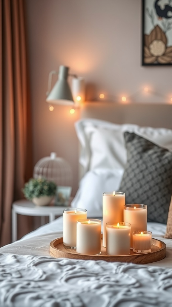 A cozy winter bedroom with a tray of lit scented candles on a bed.