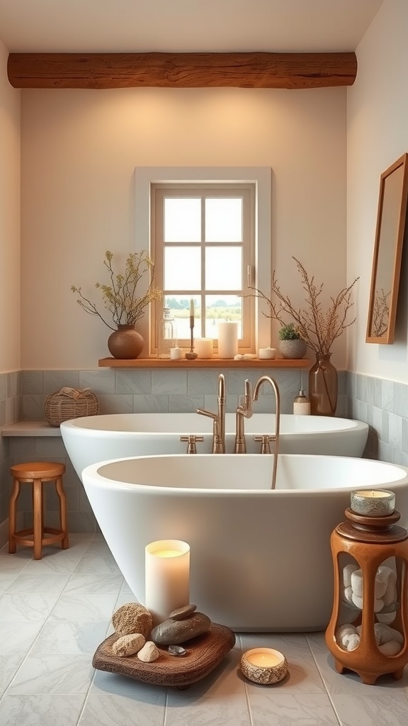 A rustic bathroom featuring two elegant bathtubs, scented candles, natural stones, and plants.